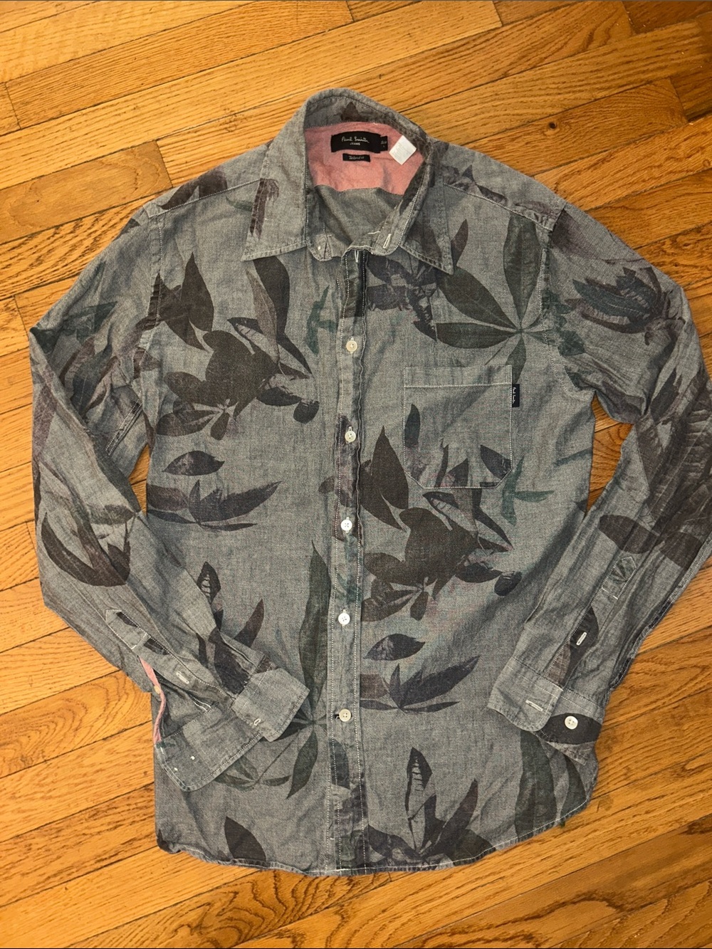 Paul Smith sz L Tailored Fit chambray Button-Down Shirt blue Gray tropical print